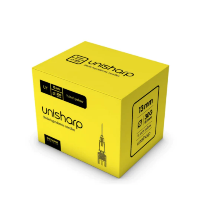 Unisharp 30G 1/2" (13mm) Yellow Needle - (Box of 100)